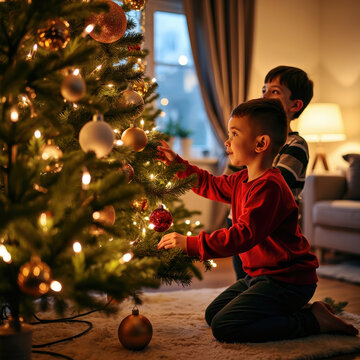 Two young boys eagerly decorating a Christmas tree with colorful ornaments, capturing the magic and excitement of holiday preparations