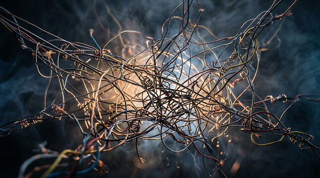 A dense, tangled mass of electrical wires forming a chaotic, web-like structure with glowing energy at its core.