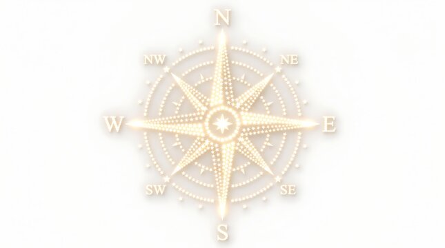 Elegant golden vintage compass rose illustration with glowing effect on a light background for navigation and travel themes