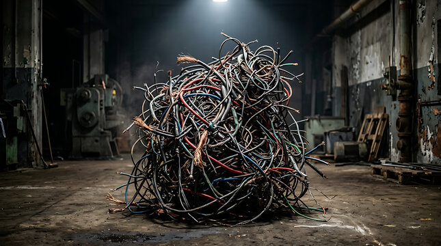 A large, dense ball of tangled scrap electrical wires and cables forms a chaotic, sculptural mass in an industrial setting.