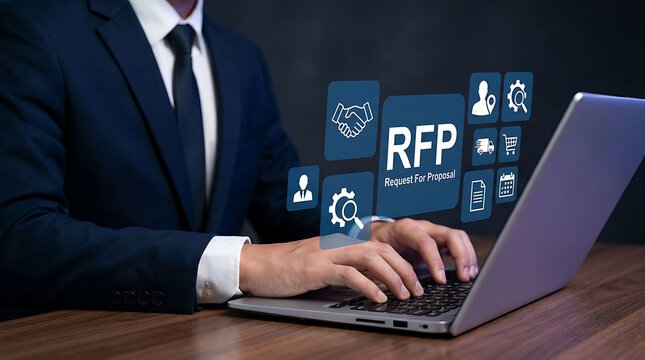 Businessman typing on laptop with glowing RFP Request For Proposal icons interface