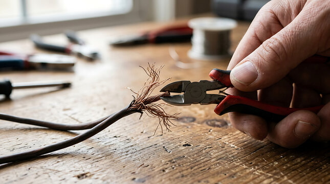 Close-up of Hand Holding Wire Cutters Snipping Frayed Electrical Wire on Wooden Surface