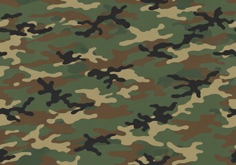 Fototapeta premium A seamless military camouflage pattern featuring abstract organic shapes in professional woodland shades of olive green and earthy brown tones, pattern, style, environment