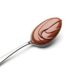 Fototapeta premium A silver spoon filled with glossy melted chocolate hazelnut cream isolated on a plain white background, showing a smooth and rich texture, brown, spoon, ingredient