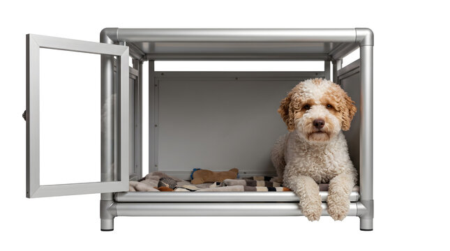 Funny Lagotto Romagnolo Dog Peeping Through Open Aluminum Kennel Window Isolated on Transparent Background