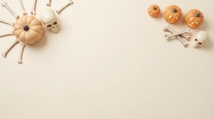 Fototapeta premium Halloween decorations with pumpkins shaped like a spider and small skulls on a white background