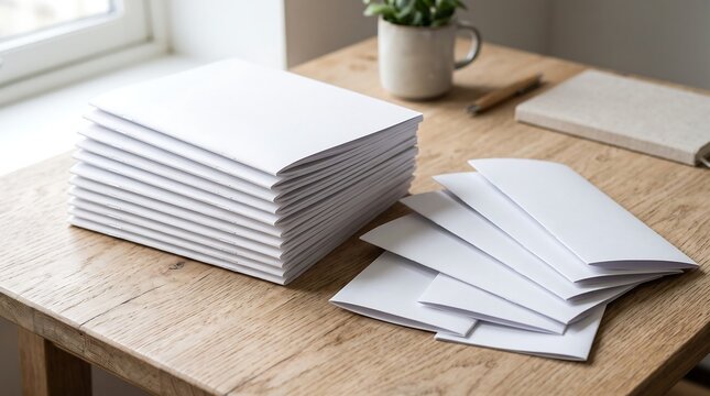 A large stack of crisp white envelopes neatly piled on a wooden desk next to several scattered envelopes, with a plant and notebook in the background.