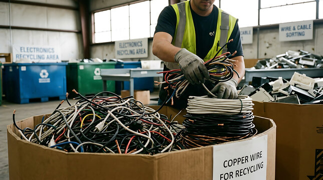 Worker sorts discarded electrical cords for copper recycling at an electronics processing facility