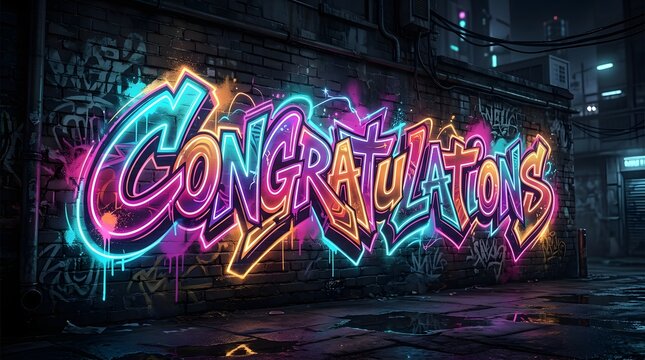 Colorful neon graffiti lettering spelling congratulations on a dark urban wall, featuring vibrant pink, blue, orange, and purple spray-paint effects.