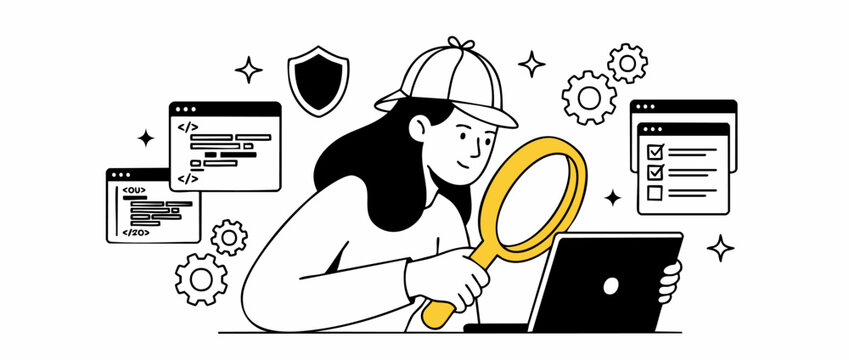 Cybersecurity developer audit code quality engineer inspecting laptop bugs with magnifying glass for web software testing, system safety compliance, data security research illustration.