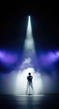 Bright spotlight beams illuminate a silhouette with a microphone on a foggy stage, creating a dramatic atmosphere during a live concert, beam, club, backdrop