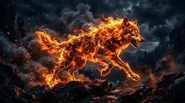 Fiery wolf running through rocky terrain with smoke and embers during twilight