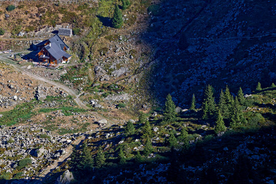 First light of sunrise on the mountain shelter called Habert d'Aigueblle