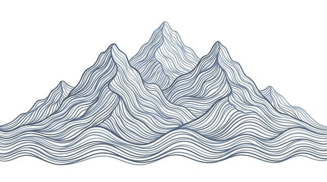 Stylized mountain range illustration with intricate wavy line art texture on a white background, depicting abstract peaks and valleys.