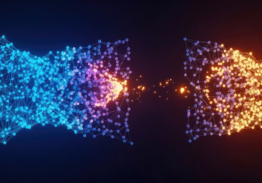 Digital representation of skewed neural networks showing asymmetrical patterns of data points, highlighting algorithmic imbalance and errors, design, concept, bias