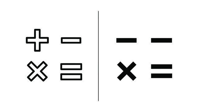 Mathematical symbols outline and solid black vector set