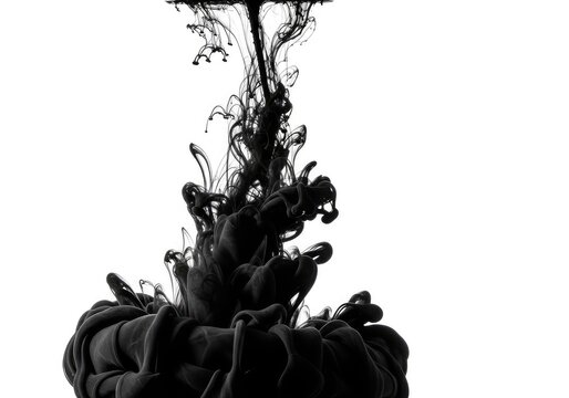 Elegant black ink swirls and clouds expand gracefully through clear water against a stark white background creating a minimalist texture, abstract, blend, form