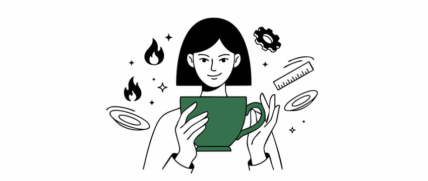 Multitasking Woman Holding Coffee Cup Juggling Work Tasks Vector Line Art Illustration of Business Stress Productivity Management Skill Balance Gear Fire Ruler Spinning Plates Concept isolated on whit