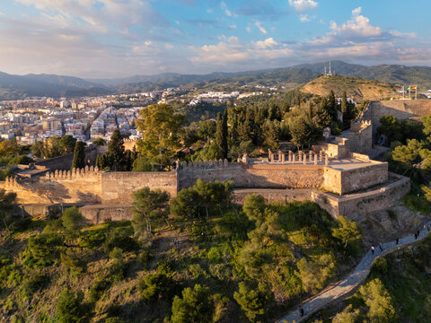 Aerial view of Gibralfaro Castle walls in Malaga, Spain