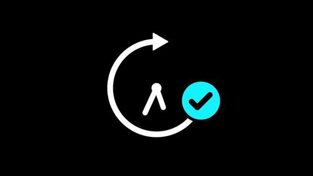 White and cyan clock icon with checkmark on black background time verified