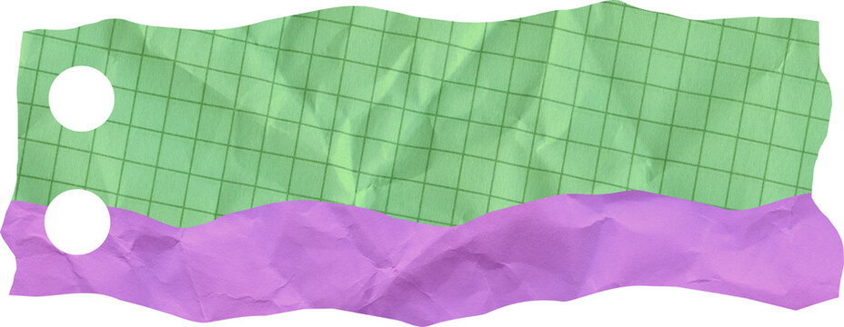 Green Graph Paper and Purple Crumpled Torn Paper Strip with Punch Holes Ripped Scrap Design Element for Note and Message