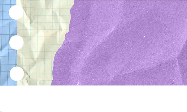 Purple crumpled paper texture background with yellow grid paper and blue notebook strip for scrapbooking and creative collage design