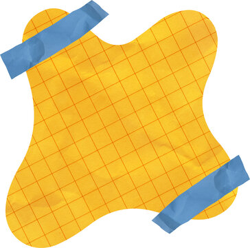 Yellow Grid Paper Note with Blue Masking Tape Crumpled Organic Blob Shape Stationery Element for Scrapbooking and Office Reminders