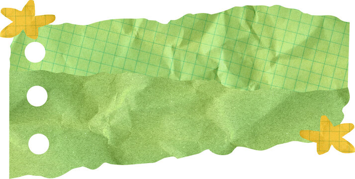 Green Torn Paper Scrapbook Collage Element with Crumpled Texture and Yellow Star Stickers on Graph Paper Piece for Stationery Design