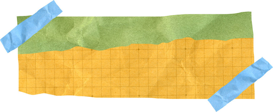 Crumpled torn paper scrapbook collage with grid pattern and blue washi tape for note taking and creative design elements