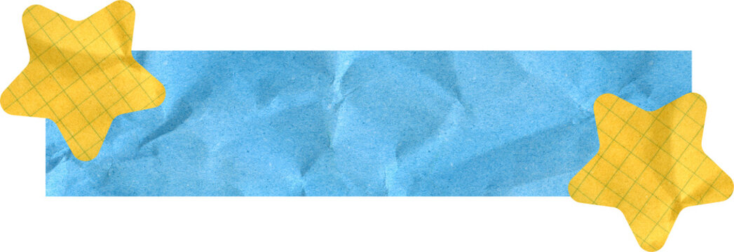 Blue Crumpled Paper Banner with Yellow Grid Pattern Stars Craft Collage Texture for Message Header and Creative School Graphic Template
