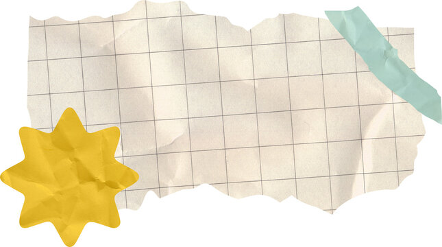 Torn graph paper with yellow star sticker and blue washi tape scrap for creative journal scrapbook and office note memo design