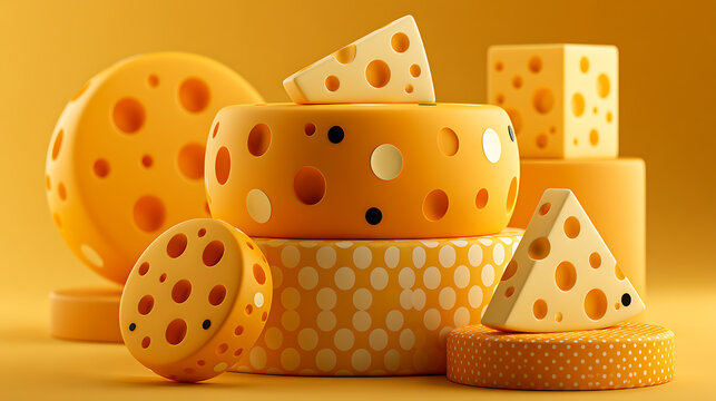Yellow swiss cheese shapes arranged as a podium 3d rendering