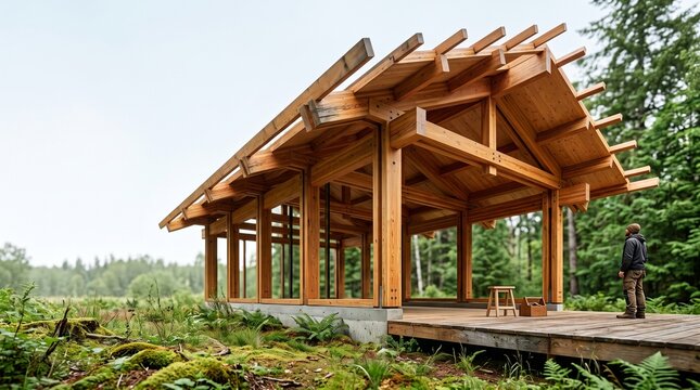 Completed mass timber frame in a mossy building site