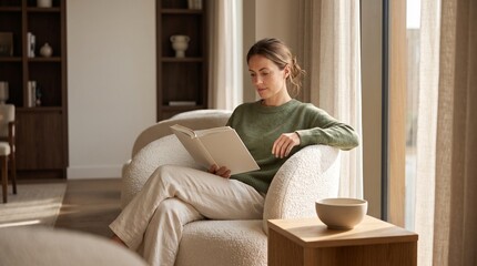 Fototapeta premium Solo traveler reads in a sunlit lounge nook