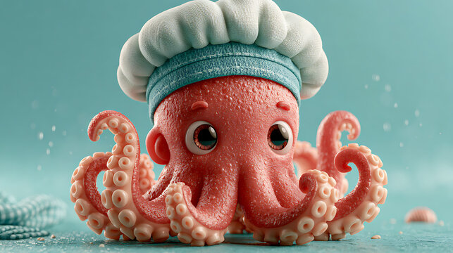 Red octopus wearing a chef s hat sits in a teal underwater scene