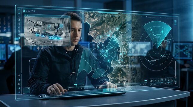 A male operator monitoring global security data on a futuristic transparent digital interface in a high-tech control room.