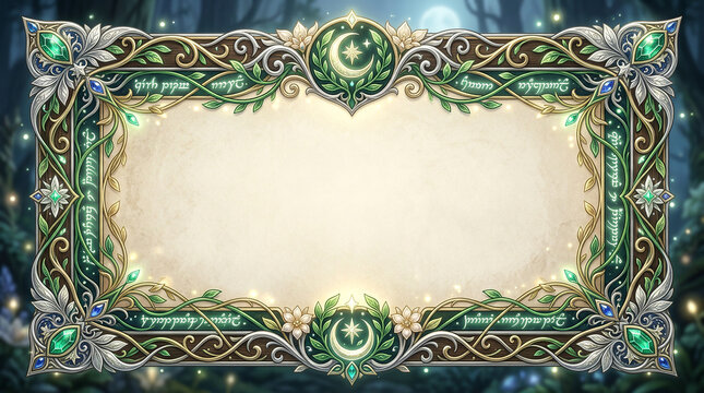 Mystical celestial frame with green vines and starry crescent moons for fantasy invitations.
