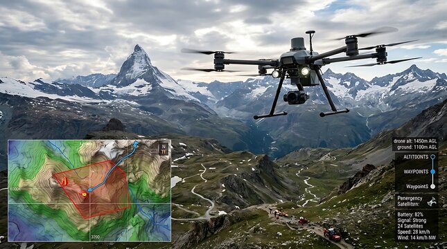 Professional industrial drone flying over the Swiss Alps near the Matterhorn mountain peak.