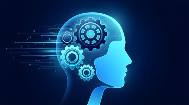 artificial intelligence concept with human profile mechanical gears and digital circuitry