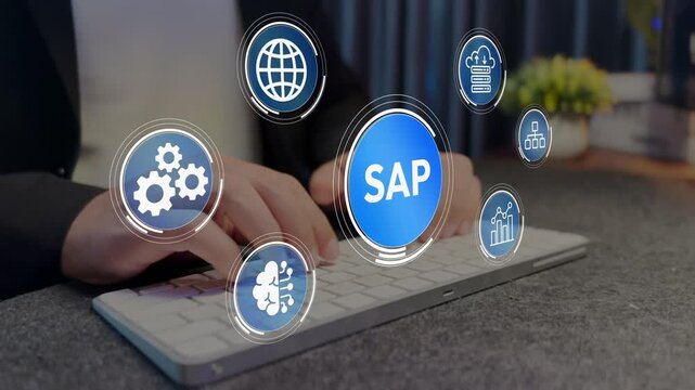 Digital SAP ERP system management concept.  SAP software, analytics and business process icons, enterprise solution and corporate data control. 