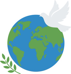 Fototapeta premium A white dove with a green olive branch flies across the planet Earth, symbolizing peace and hope for a united world
