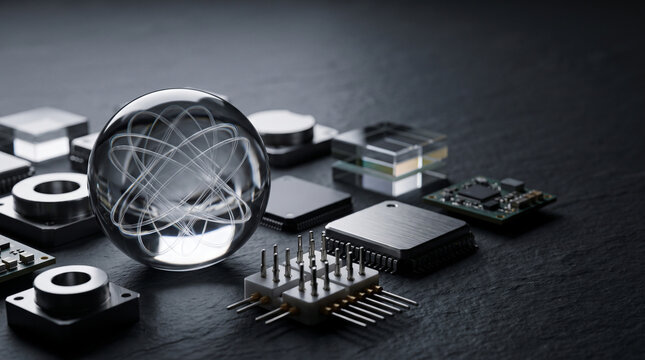 Futuristic sphere with electronic components on dark surface