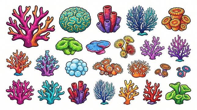 Vibrant collection of coral reef illustrations featuring various underwater marine life species such as brain coral, sea anemones, and tube polyps in a colorful comic book style on white background.