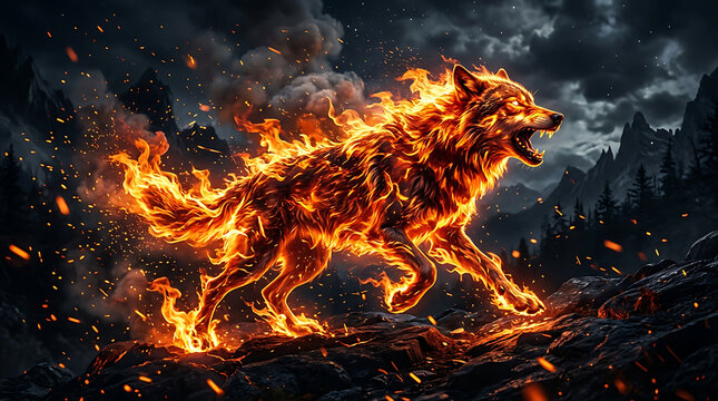 Fire wolf running across rocky terrain during a volcanic eruption with dramatic lighting and smoke