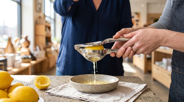 Shopper tests a stainless citrus squeezer in store