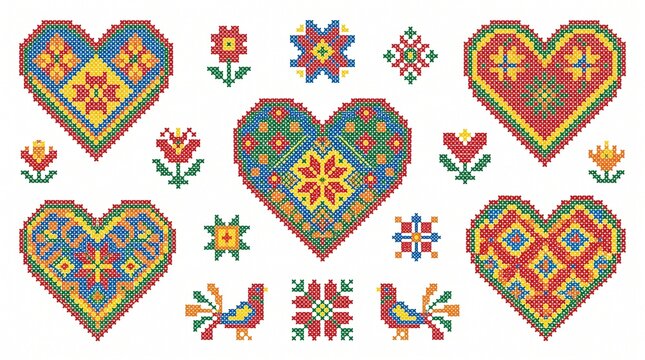 Traditional Folk Art Cross Stitch Embroidery Set with Colorful Hearts, Flowers, and Birds. Vibrant Slavic Ethic Patterns for Needlework Crafting Projects and Decorative Textile Design Elements.