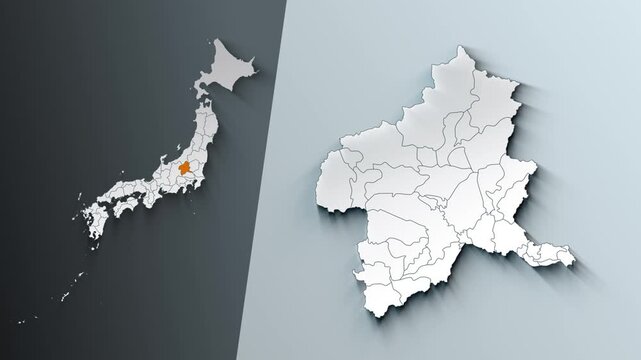 Animated Map of Gunma State Highlighted Within Japan with Prefectures Borders