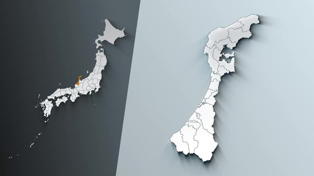 Animated Map of Ishikawa State Highlighted Within Japan with Prefectures Borders