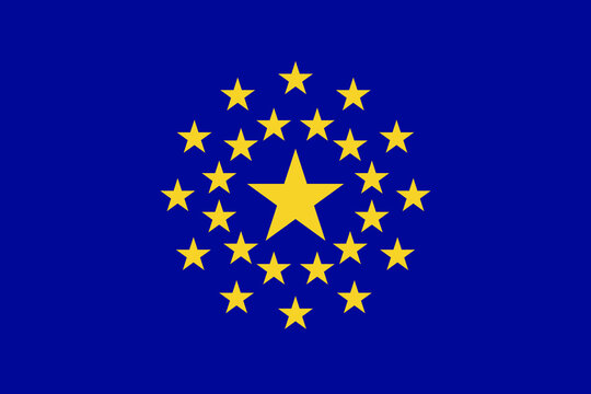 concept de drapeau de l'Union europ&eacute;enne avec 27 &eacute;toiles jaunes dispos&eacute;es en cercles concentriques sur fond bleu