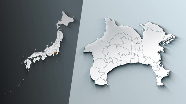 Animated Map of Kanagawa State Highlighted Within Japan with Prefectures Borders